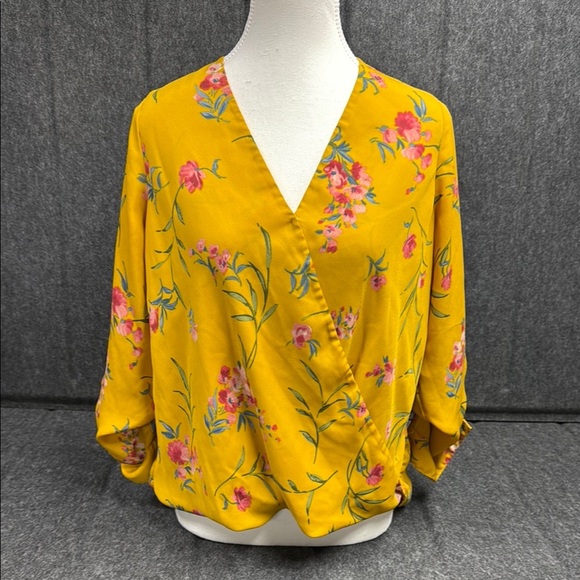 Kut from the Kloth Yellow Pink Wrap Blouse 3/4 Sleeve - Picture 1 of 6